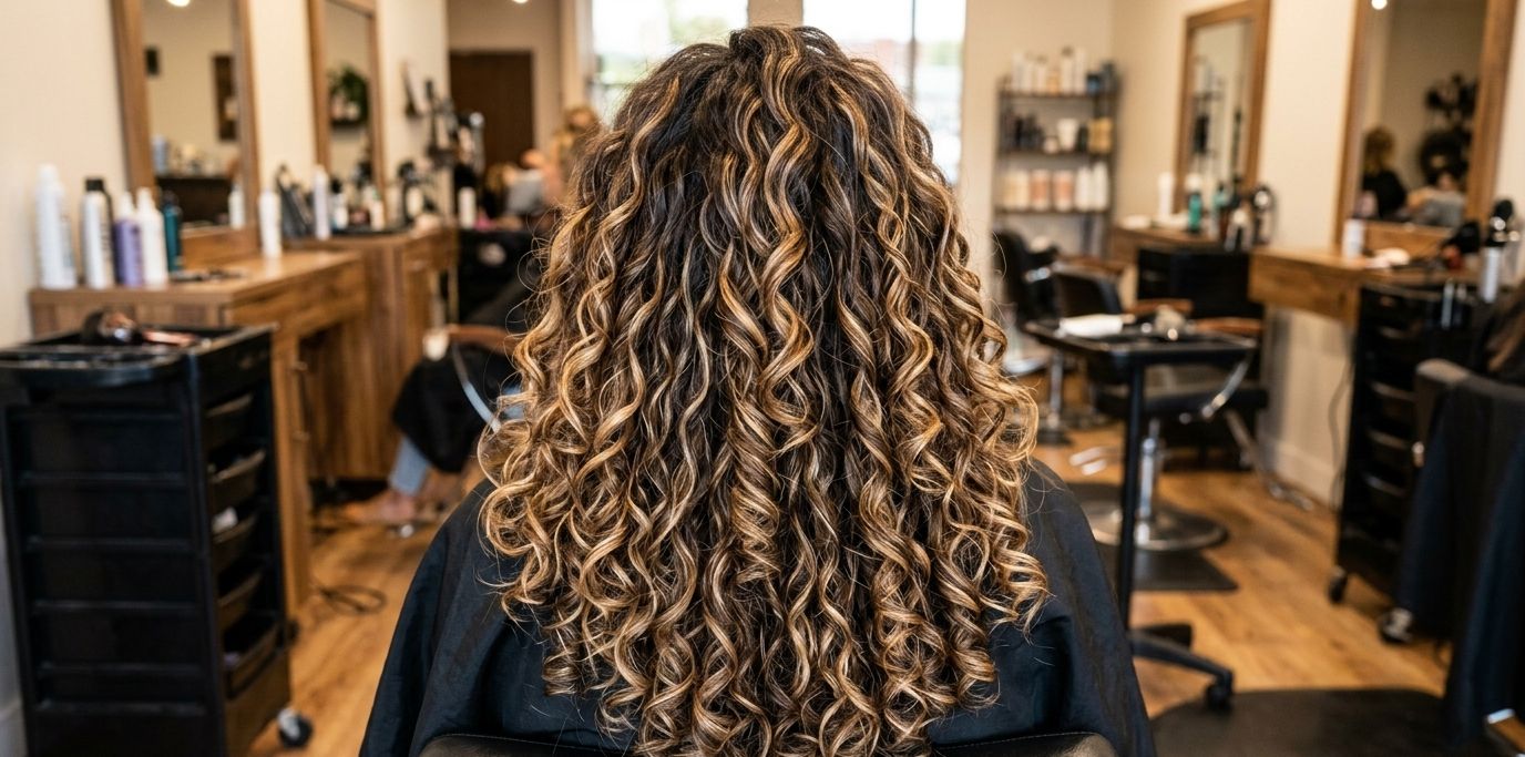 Cabelo cacheado com luzes, visto de costas